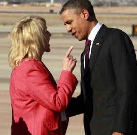 Arizona governor and tyrant Jan Brewer gives American Emperor and tyrant Obama a piece of her mind